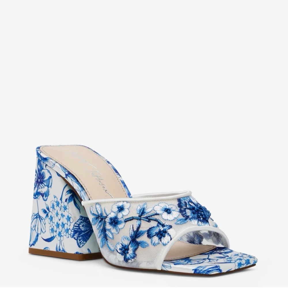 Betsey Johnson Blue and White Floral Mules